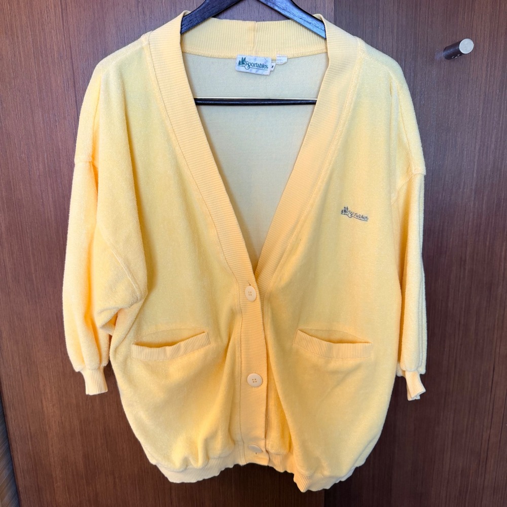 Vtg Sportables Yellow Terry Cloth Cardigan Sweater V-Neck Women M Grandmacore